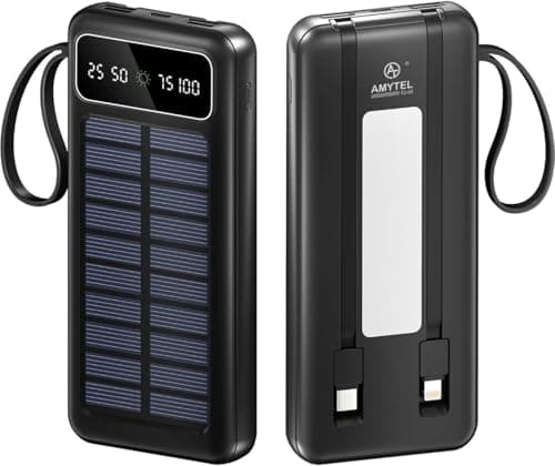AMYTEL 10000mAh Solar Power Bank with Built-in Type-C & Lightning Cable, LED Flashlight, Fast Charging Portable Charger for Mobile – Black 2