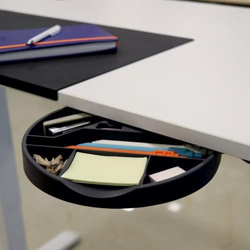 Work Station Tray Round, Under-Desk Storage Tray, 360-Degree Rotation, Table-Mounted Organiser for Stationery, Diameter 22 Cm, Anthracite Finish