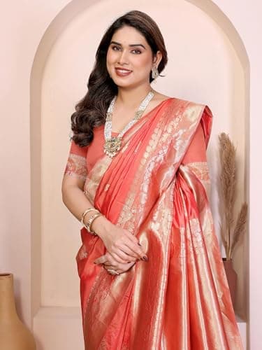 Shiv Textiles Women's Silk Blend Dual Tone Jacquard Ready To wear Saree(S-5039-PEACH) 6