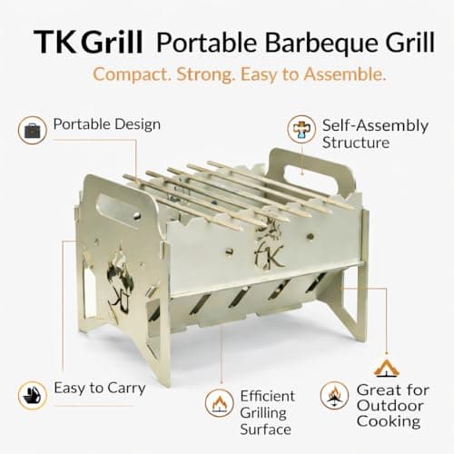 TK GRILL Portable Charcoal Barbecue Grill | Heavy Duty MS Steel BBQ Grill for Camping, Picnic, Garden, Terrace & Home | Easy Self-Assembly | 6 Skewers | Large |14 inch 2