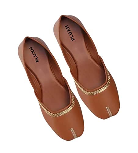 Pluxh Women’s Minimal Ethnic Jutti Flats | Soft Slip-On Mojari with Braided Trim | Lightweight Traditional Footwear for Daily & Casual Wear| 8 UK Tan