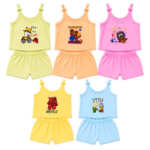 Krithvik Baby Boys & Girls Cotton Jhabla & Shorts Set | Sleeveless Vest & Strap Top with Bloomer | Snap Button | Soft Breathable Cotton | Unisex Newborn Clothing | 0-6 Months | Pack of 5 | Multicolor
