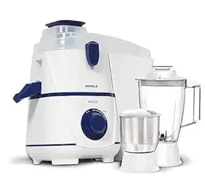 Havells Rigo Juicer Mixer Grinder, 500 Watt, 2 Jars|1.75 polycarbonate jar|2L large pulp container|foldable juicing spout|food pusher|stainless steel Sieve and Blades (White and Blue)