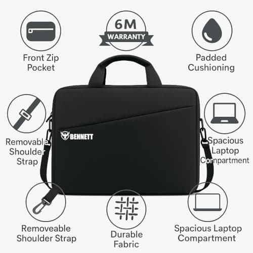 Bennett™ Mystic Unisex Adult Men's Laptop Bag 15.6 inch Side Shoulder Briefcase Satchel Messenger Business Bags for Men & Women Front Pocket for Laptop Accessories - Black (6 Month Warranty) 5