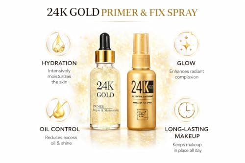 Beauzy 24K Gold Primer & 24K Gold Makeup Fixer Combo | Infused Primer for Flawless Base + Oil Control Makeup Fixing Spray | Long-Lasting Glow, Hydrating & Radiant Finish 2