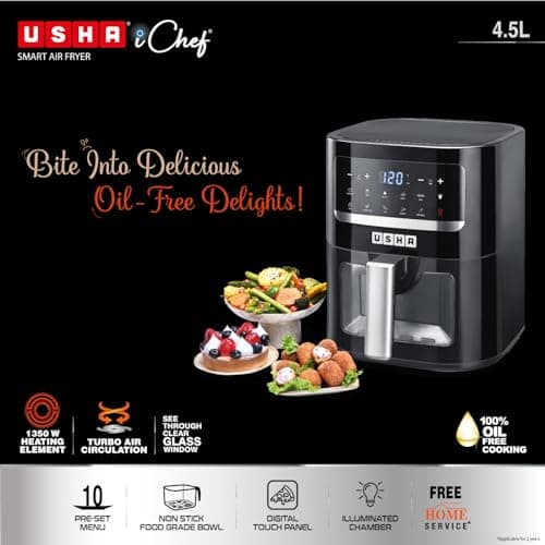 USHA Ichef Smart Air Fryer 4.5L,10 In 1 Functions10 Preset Menu|Digital Display&Touch Panel|Transparent Window|Illuminated Chamber|Turbo Air Circulation|Oil Free Cooking|Auto Pause/Start(Black),1350W 2