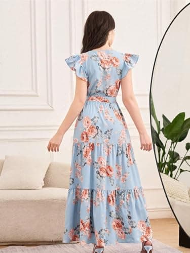 SKYCARRY Girls Cotton Floral Maxi V Neck Flutter Sleeve Tiered Skirt for Kids Blue Dress for Girl 12-13 Years and Ages 5 to 14 Years Birthday Outfit Stylish Frock 2