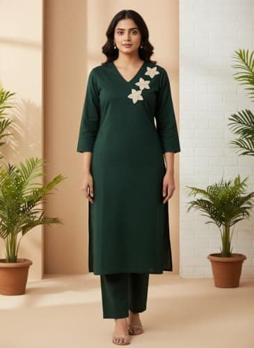 DESI BLOOM Women's Pure Cotton Kurta Pant Set, V-Neck, Embroidered, 3/4 Sleeves, Straight Kurta, Ethnic Co-Ord Set for Daily, Office, Festive (IN, Alpha, L, Regular, Bottle Green) 5