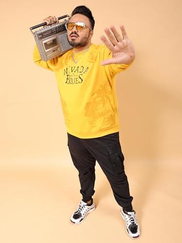 Hardsoda Men Yellow Plus Size Graphic Print Crew Neck Pull On Sweatshirt (Yellow_5XL) 4