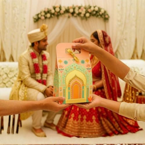SATYAM KRAFT 5 Pcs Multipurpose Foldable Decorative Rajwadi Hamper Boxes with Handle & Ribbon | Gifting & Gift Packaging for Wedding, Valentine's day,Birthday, Dry Fruits, Sweets (Peach) (Small) 2