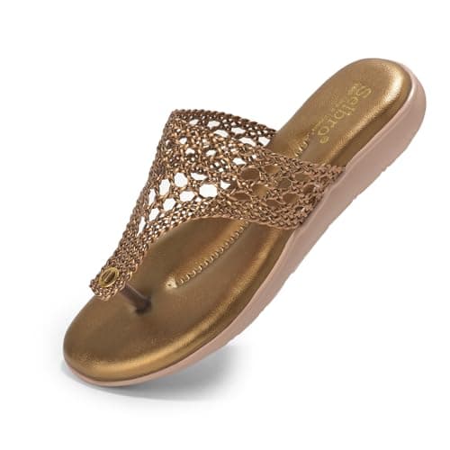 SELBRO Women’s Flat Heel T-Strap Fashion Sandals | Stylish Woven Design Thong Slippers for Weddings, Parties & Festive Occasions | Cushioned Comfort Footwear SLB-SLP135