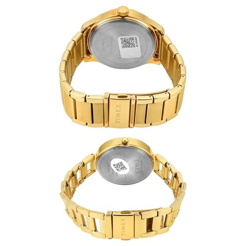 TIMEX Analog Watch for Couple with Green Round Dial & Gold Stainless Steel Bracelet Band Water Resistant Pair's Wrist Watches - TW00PR339 3