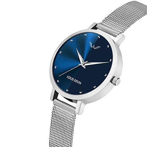 LOUIS DEVIN LD-L144-BLU-CH Mesh Blue Dial Silver Band Stainless Steel Chain Analog Wrist Watch for Women 4