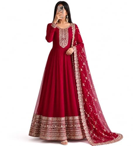 Miss Ethnic Hub's Red Color Traditional Anarkali Gown with Dupatta, Golden Zari Embroidered, Long Sleeves, Women (in, Alpha, L, Regular, Red)