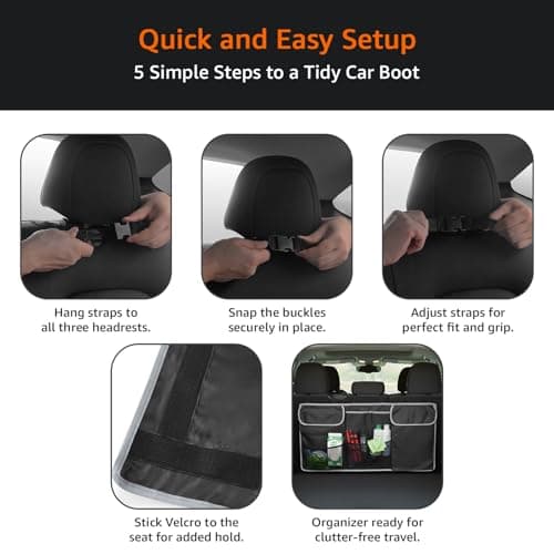 Amazon Basics Car Hanging Trunk Organizer – 6 Compartments, Durable 600D Oxford, Adjustable Straps, Foldable Boot Storage Bag, Black 5