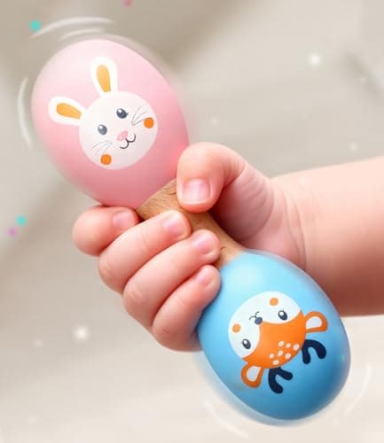 Intellibaby Wooden Dumbbell Handheld Rattle for Babies, Non-Toxic & Smooth Finish Baby Rattle Toy, Sensory & Motor Skill Infant Toy, Animal Print Infant Toy for 0+ Months, Ideal Gift for Baby Boys & G