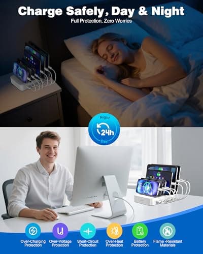 MSTJRY Charging Station for Multiple Devices : 6 Port USB Charger Stations - Family Multi-Device Organizer Charging Dock - Designed for iPhone iPad Android Cell Phone Tablet and Electronic, White 4