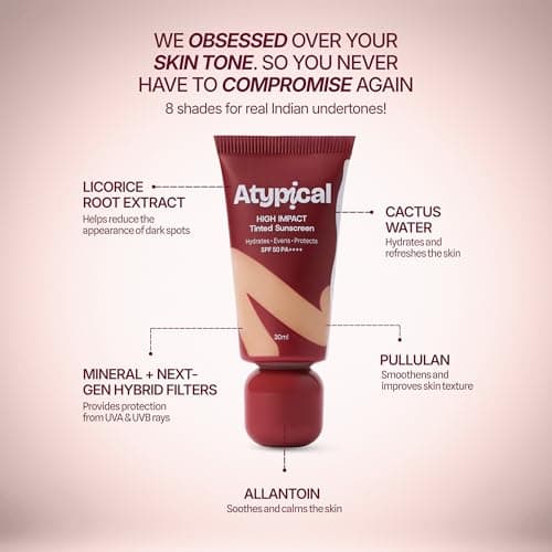 Atypical Tinted Sunscreen SPF 50 PA++++ Light Neutral - A40N | High-Coverage | 8 Shades for Indian Skin | No White Cast |Broad Spectrum UVA/UVB | Non-Greasy | 30ml 2