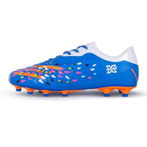 Vector X Maverick Men’s Football Shoes Ideal for Synthetic Turf & Hard Ground Fully Emboss PU with Double Color TPU Sole Soccer Shoe (Blue-Orange, 8) 4