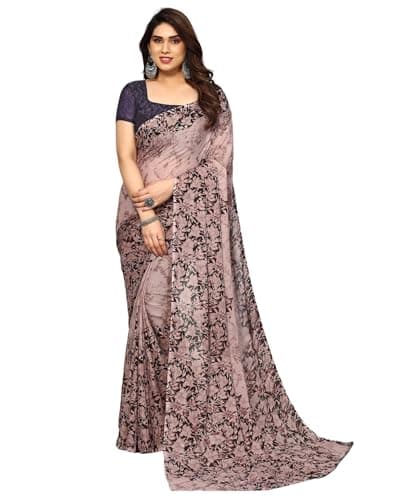 SIRIL Silk Women's Floral Print Geoegette Saree with Unstitched blouse Piece (3112S2156_Light Brown, Dark Brown)