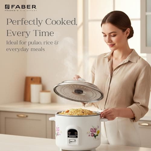 Faber 1.8L Rice Cooker|700watts|2 Stainless Steel Pot|Cool&Warm Mode|Floral White Finish| 2yrs Warranty on Product & 5yrs on Heating Element|Cool Touch Handle|LED Indicators|FRC Sydney 1.8 SS2 4