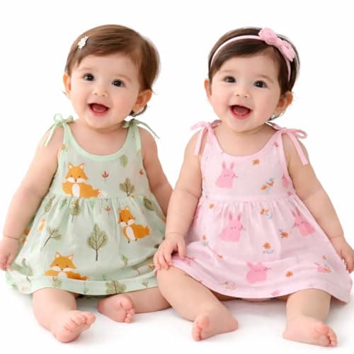 100% Muslin Cotton Newborn Baby Girl Muslin Pack of 2 | Adjustable Knot Style Dyed Print Muslin Dress For Baby Girls | Soft, Breathable & Comfortable Dresses | Ideal for Daily Wear | Assorted