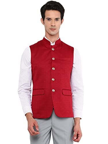 JB Men's Red Terry Wool Solid Regular Fit Waist Coat (Bandhgala Jacket) - ZI4Q_36