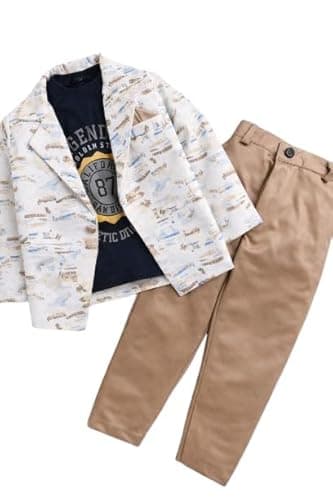 Boys 3-Piece Outfit Set, White Printed Blazer with T-Shirt and Pants, Cotton Blend, Classic Style, Long Sleeve, Wedding Occasion (Beige, 4-5 Years)