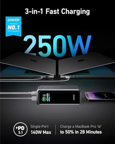 Anker Prime Power Bank, 27,650mAh 3-Port 250W Portable Charger (99.54Wh) Smart App, Compatible with Lenovo, HP, Dell, Microsoft, Macbook, iPad, iPhone, Apple Watches, Samsung and other Android Devices 3