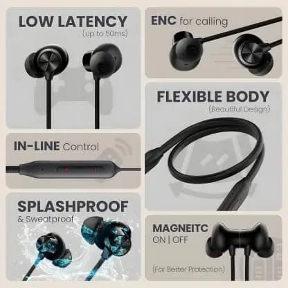 FD1 Bluetooth Neckband Headphones, Wireless in-Ear Earphones with Built-in Mic, Deep Bass, Long Battery Life, Black (Black) 2