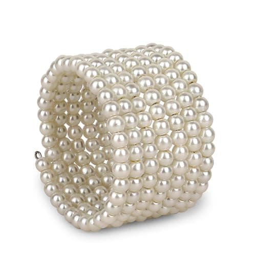 Wide Pearl Bracelet, Elastic Multi-Row Design, Cream White Faux Pearls, Fashion Jewellery