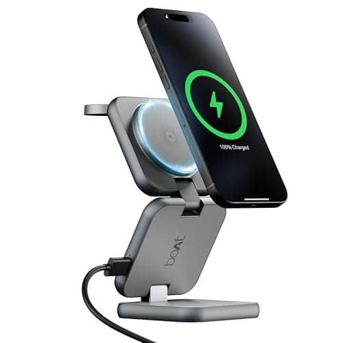 Boat FlexCharge 360 3-in-1 15W Wireless Charger, Foldable, Magnetic Magsafe & Multi-Angle Charging; LED Indicator & Anti-Slip Finish for Apple iPhone 16|15|14, Apple Watch & AirPods (Slate Grey)