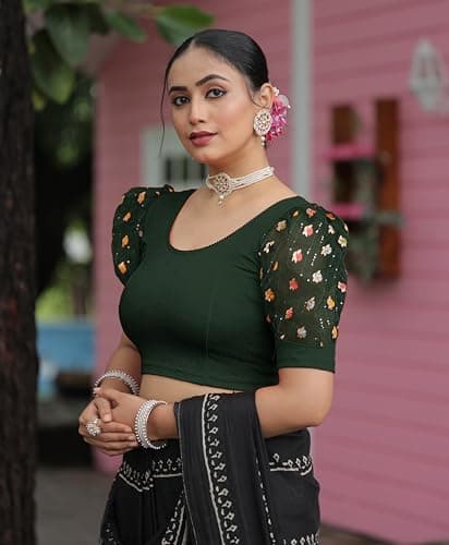 Amazon Brand - Anarva Round Neck Lycra Stretchable Puffed Elbow Sleeve Readymade Saree Blouse for Women Stylish (roli-Bottle-Green-Blouse-l) 3