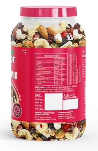 LIVYOR Healthy Mix Nuts, Seeds And Berries Combo Pack - 1Kg| Mix Dry Fruits| Trail Mix| Cashews & Almonds| Black Raisins| Pumpkin| Sunflower & Flax| Cranberries| Cherries & Dried Amla| (Pack Of 1) 2