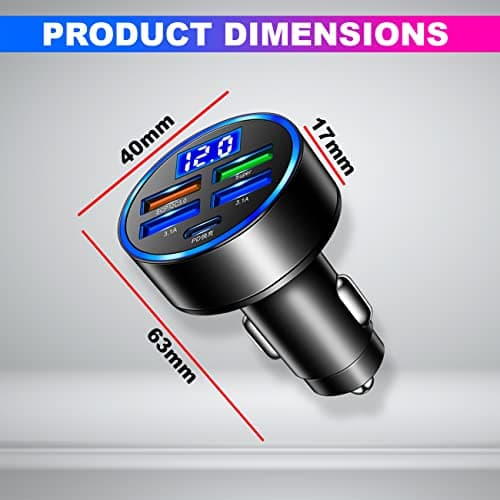 amiciAuto Car Charger, Universal 5-Port QC 3.0 Car Fast Charger with 4 USB and 1 Type-C Port for All Your Devices with Battery Voltage Monitoring-Black 5