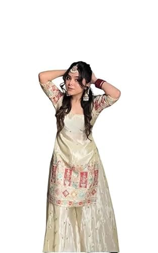 Women’s Embroidered Chinon Silk Kurti Sharara Set with Dupatta | Lace Border Ethnic Wear | Festive & Party Wears Suit (IN, Alpha, L, Regular)