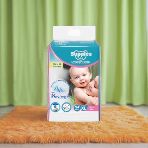 Amazon Brand - Supples Premium Baby Diaper Pants | 54 Baby Diapers | XL | 12-17 Kg | 12 Hrs Absorption | Cushiony Cotton Soft Fabric | Phthalates-Free | Triple Leak Guard 2