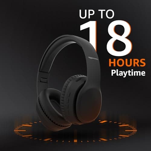 Amazon Basics Wireless Over Ear Headphones, Bluetooth 5.4, 40mm Drivers, 18H Playtime, Foldable Lightweight Design with Aux Support, Deep Bass & Mic, Black 3