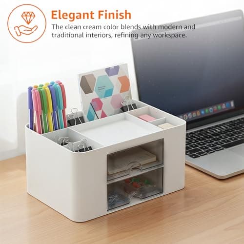 Amazon Basics Desk Organiser with 7 Compartments | 19.7 × 14.2 × 10 cm | White | Durable Plastic | Pack of 2 4
