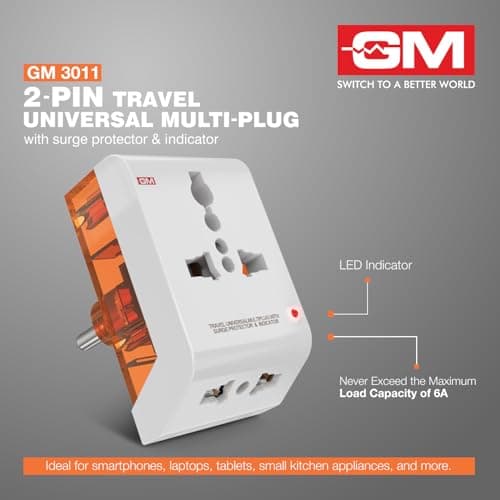 GM 6AMP 2-Pin Multi Plug Adapter | Universal Travel Adapter | Supports 2-Pin & 3-Pin Plugs | Multiple Charging Ports | Charge Smartphones, Laptops & Other Devices | Compact & Reliable | GM 3011 3