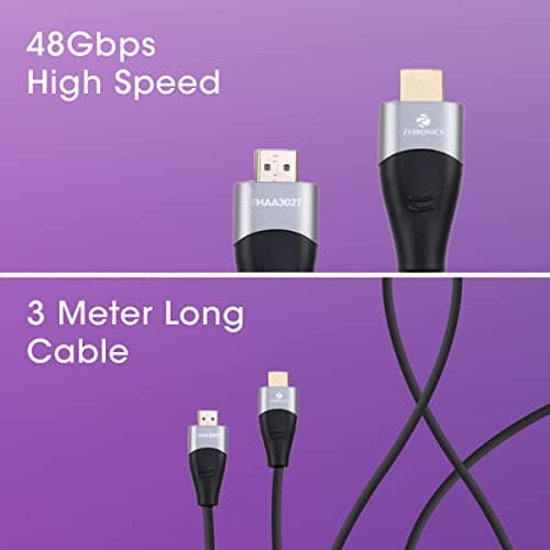 Zebronics HAA3021 HDMI Cable 2.1 with eARC & CEC, 8K @ 60Hz, 4K @ 120Hz, UHD Resolution, 3 Mtr (9.8ft), 48 Gbps Transmission, Ultra High Speed, Supports Dolby | DTS | 3D, Gold Plated, Male-to-Male 4