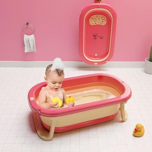Lifelong Cuppy Foldable Baby Bath Tub for 0–5 Years | Spacious Bathtub for Baby Newborn to Toddler | Anti‑Skid Non‑Slip, Strong Foldable Legs, Easy Drain & Store (Vibrant Red, LLCBBT21)
