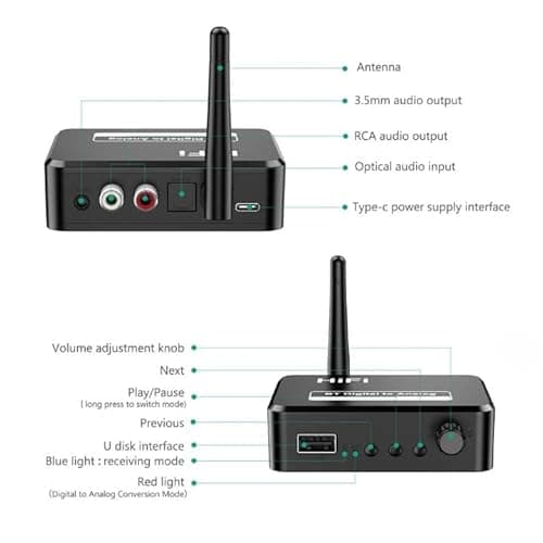 Microware Bluetooth Receiver for Home Stereo 3.5mm RCA AUX Bluetooth Adapter Music Receiver for Speakers Headset Car Stereo Support U Disk Low Noise 5