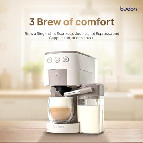Budan One Touch Coffee Machine | 2 in 1 Coffee Machine - Capsule(POD) + Fresh Ground Coffee | Perfect 15 Bar Pressure Espresso Machine for Espresso & Cappuccino etc with Integrated Milk Container 2