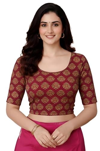 Amazon Brand - Anarva Women's Kalamkari Print Cotton Stretchable Round Neck Readymade Saree Blouse (Kalamkari-Blouse-Classic-Butta-XL)