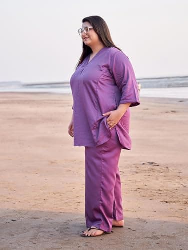 TITTLI Plus Size Cotton Silk Co-Ord Set for Women | Tunic and Trouser Set V-Neck and 3/4 Sleeve| Elasticated Waist 2 Pockets Casual Wear and Everyday wear Outfit |3XL to 8XL 4