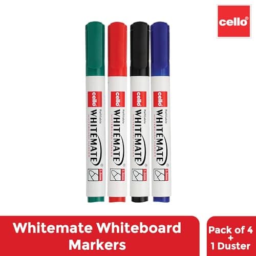 Cello Whitemate Whiteboard Markers | Set Of 4 Markers And 1 Duster | 4 Assorted Ink Colours | Bold Point Marker Pens With Easily Refillable And Erasable Ink | Writes Longer. 3