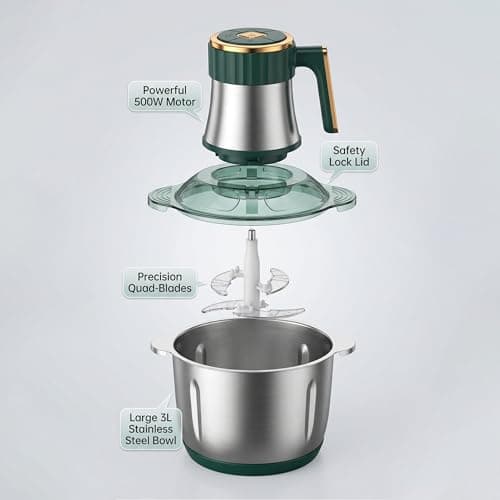 3L Electric Food Chopper & Meat Grinder - 500W Stainless Steel Food Processor with Quad-Blade System - SS304 Mixing Bowl for Meat, Veggies & Purees - Green/Rose Gold 3