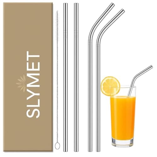 Slymet - Stainless Steel Reusable Straw Set | 2 Straight & 2 Bent Straws with Cleaning Brush & Storage Pouch | BPA-Free, Rust-Resistant, Eco-Friendly Metal Straws for Juice, Smoothies, Coffee.
