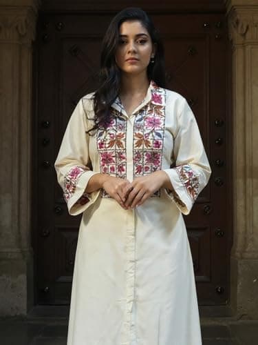 INDO ERA Women's Viscose Rayon Ethnic Motifs Embroidered Flared Kurta & Pant Set (Beige_IEAI11220_X-Large) 2